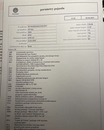 Volkswagen Eos cena 39500 przebieg: 174870, rok produkcji 2010 z Białystok małe 631